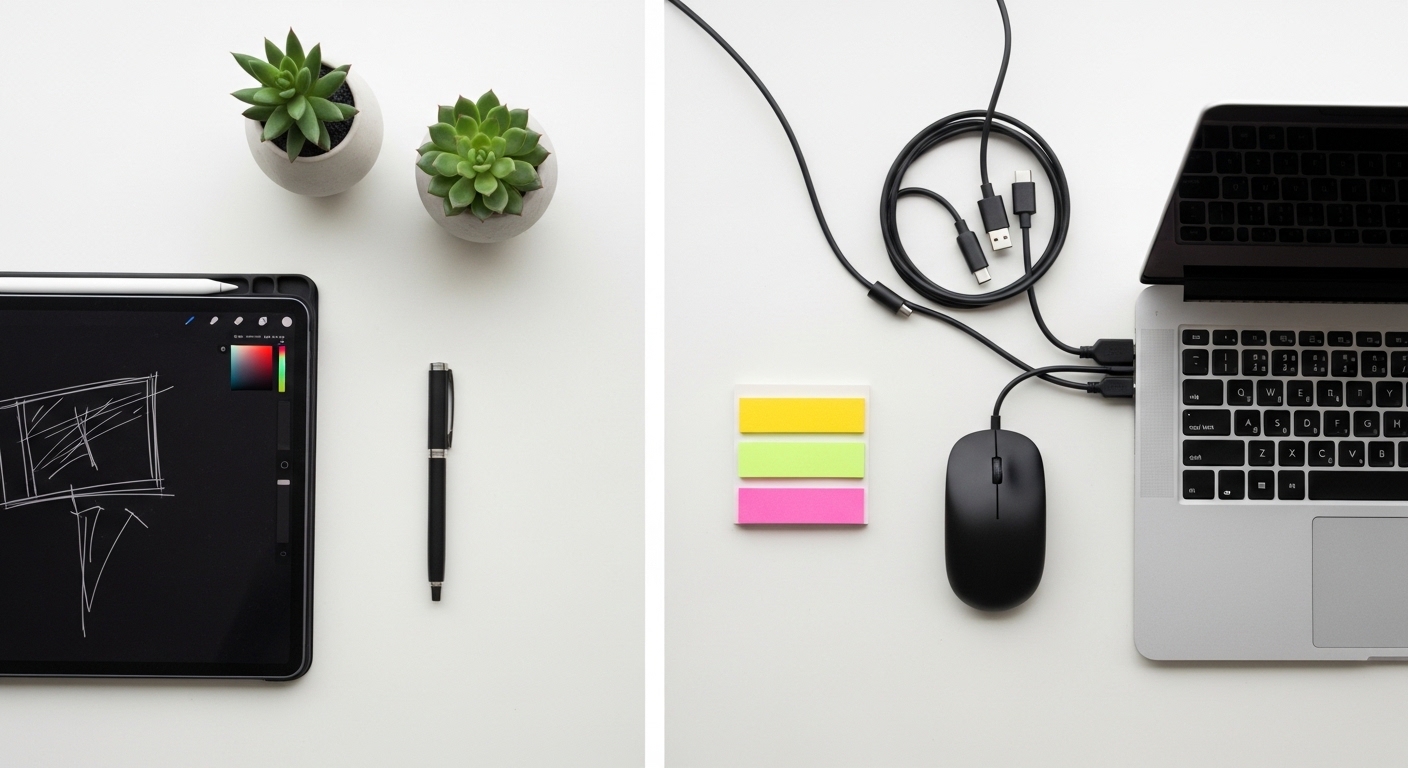 Overhead view of tablet workspace versus laptop workspace