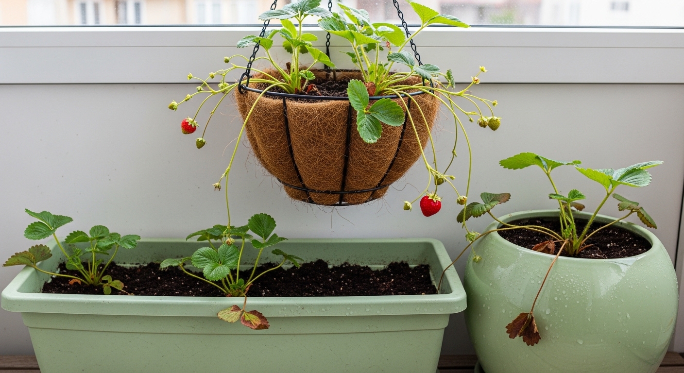 Strawberry plants growing in hanging basket, window box, and ceramic pot on balcony