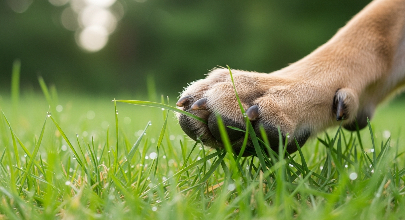 dog paw pressing into soft green grass outdoors