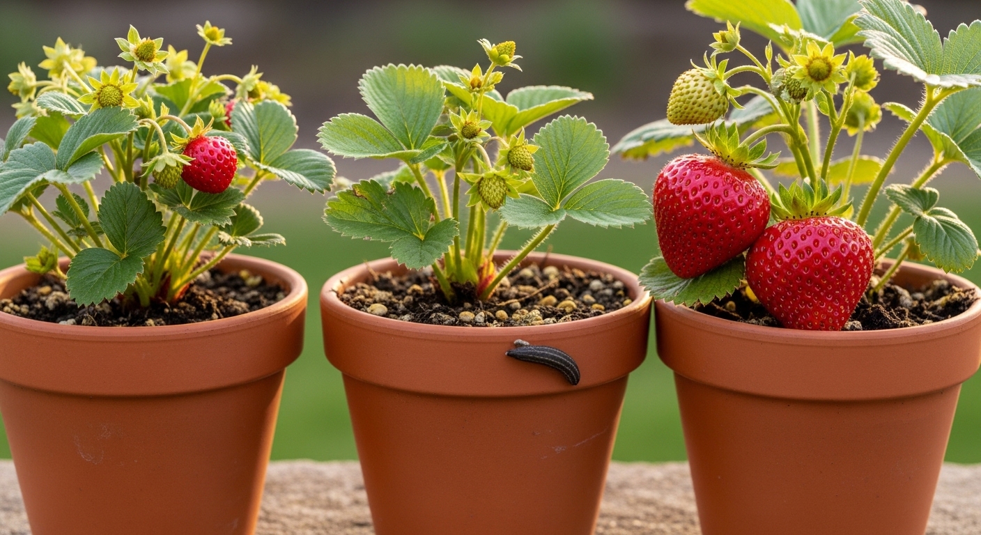 Three strawberry varieties in terracotta pots showing different fruit sizes