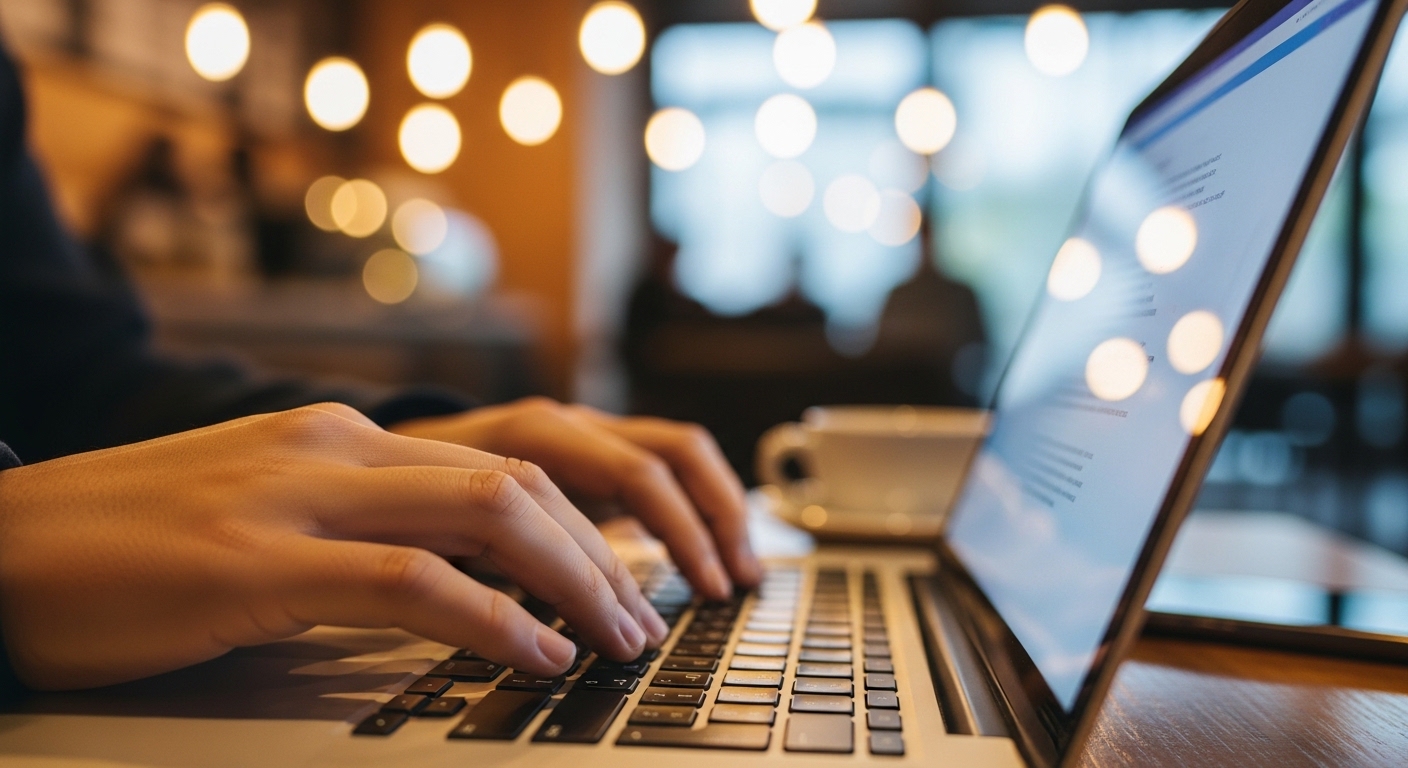 Hands typing on laptop in coffee shop