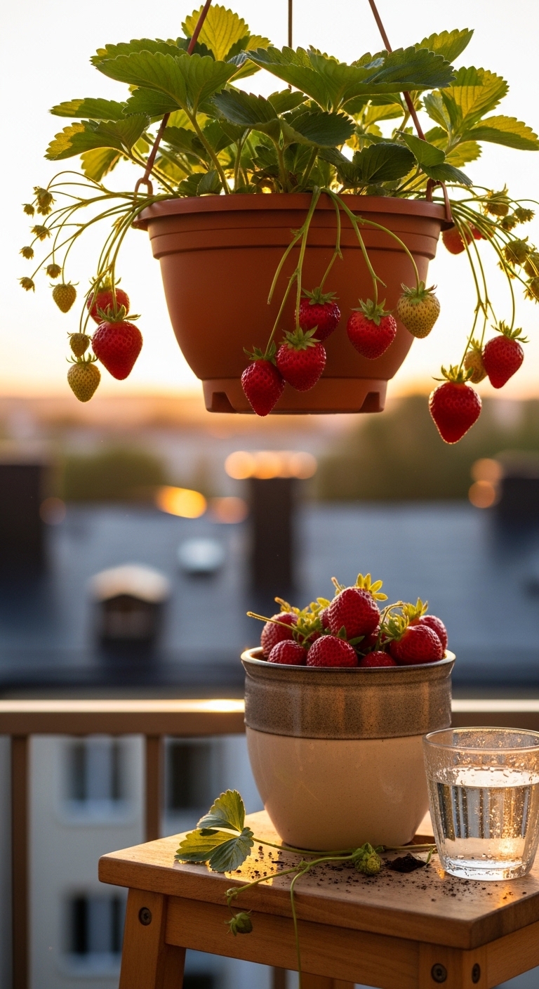 Sun-lit balcony with overflowing strawberry hanging basket and container at golden hour