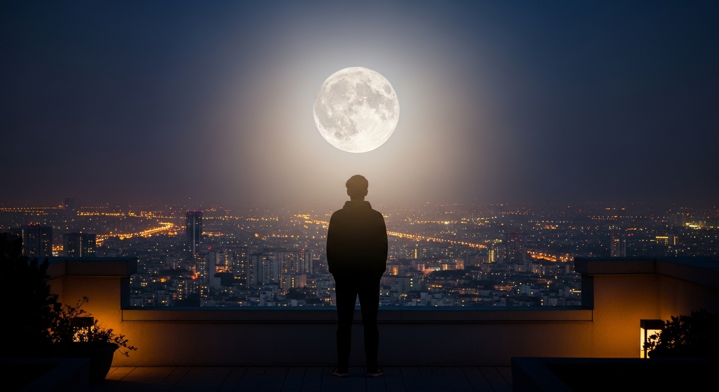 Silhueta humana observando lua enorme no horizonte urbano