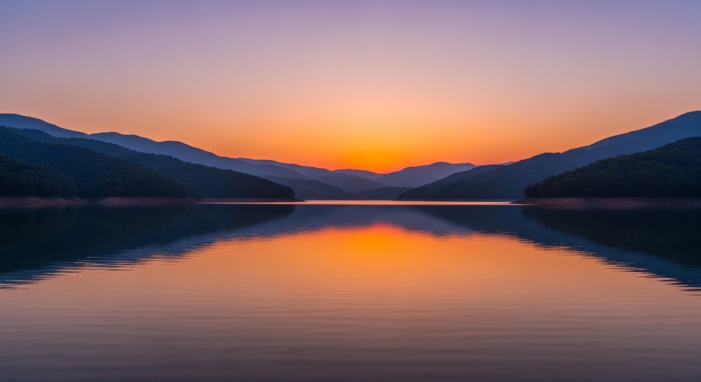 Upper reservoir of pumped-storage plant at dusk