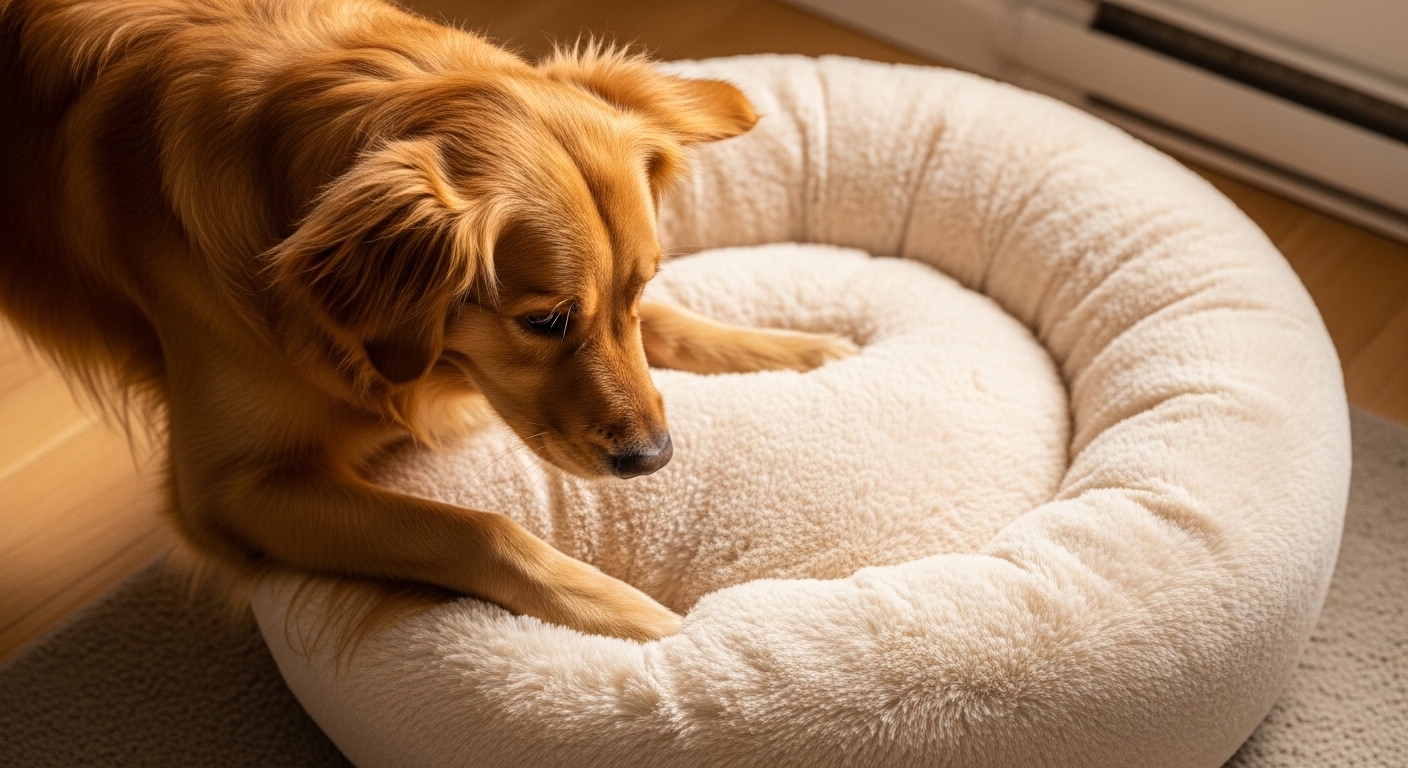 golden retriever pawing at plush dog bed before lying down