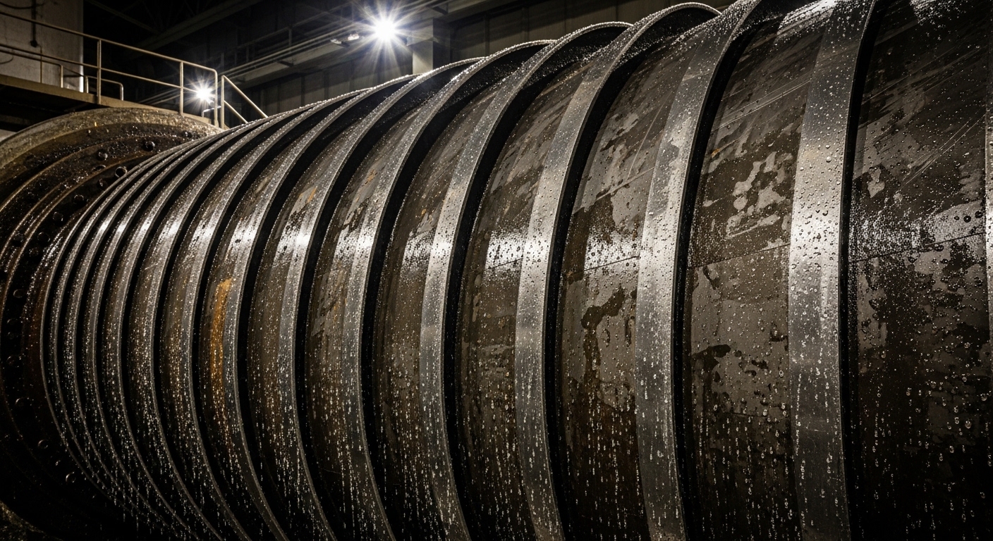 Close-up of hydropower turbine blades inside plant
