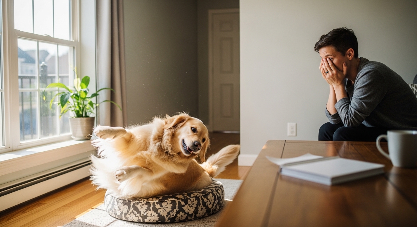 owner watching large dog spin on small couch cushion
