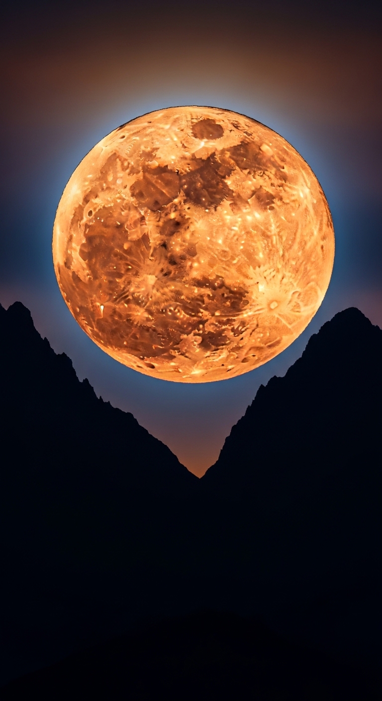 Lua laranja gigante surgindo entre montanhas escuras