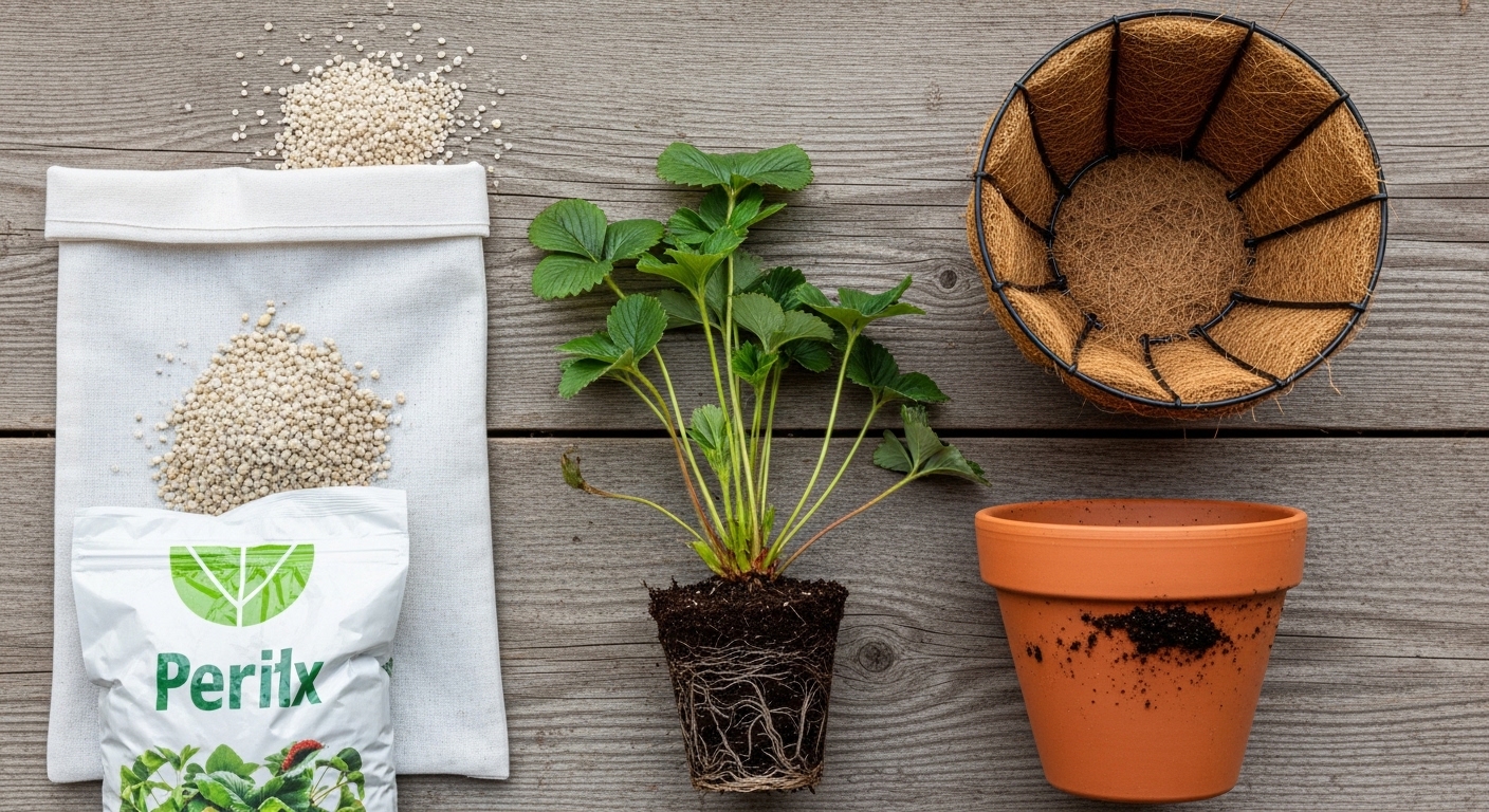 Overhead flat lay of strawberry growing containers, perlite, and bare-root plant