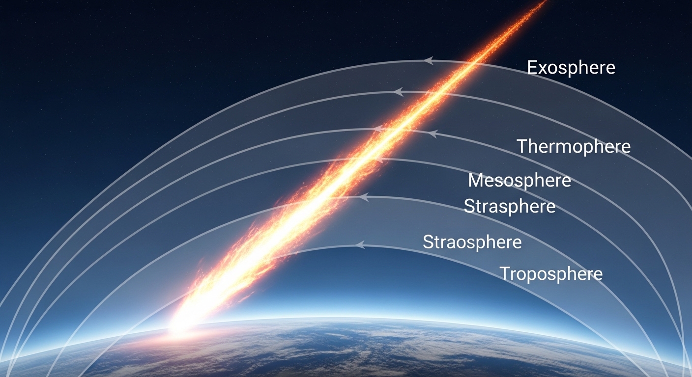 Schematische Darstellung eines Meteors in der Erdatmosphäre
