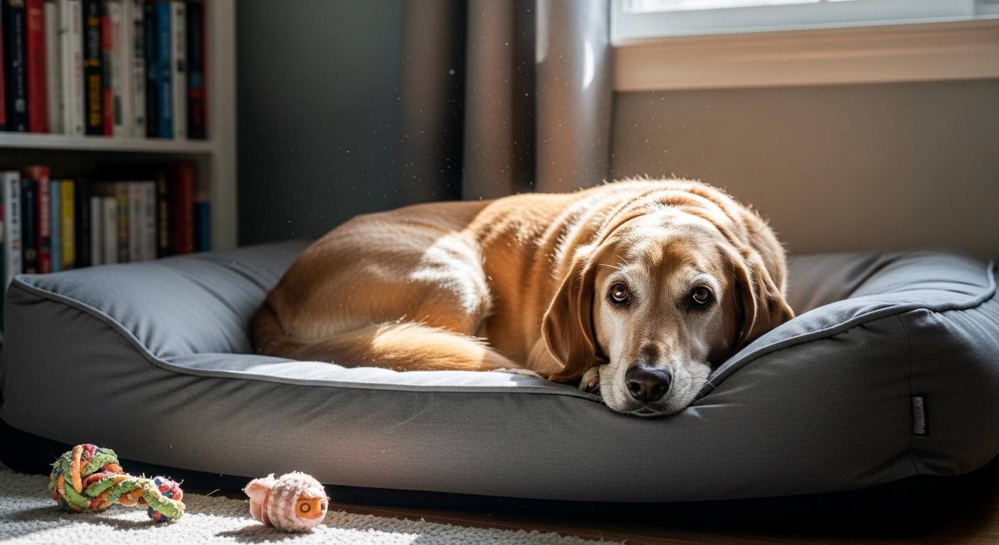 senior dog settling onto orthopedic memory foam dog bed