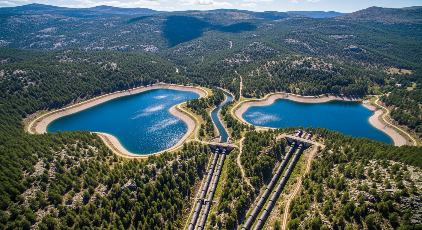 Overhead view of two connected reservoirs with penstock pipes