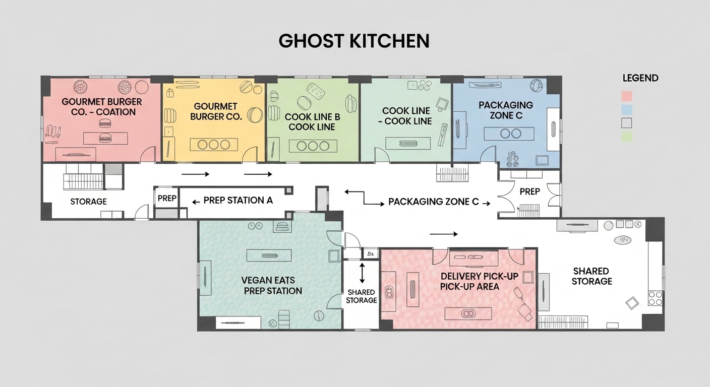 Floor plan diagram of a shared ghost kitchen