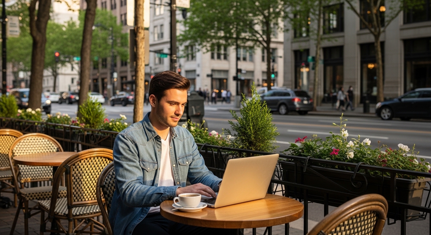 Freelancer working from outdoor cafe terrace
