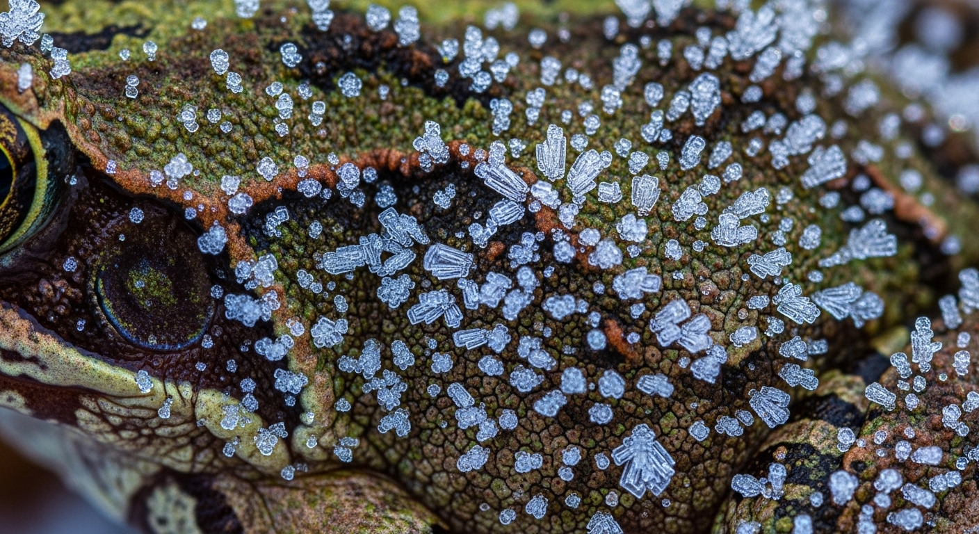 Ice crystals forming on wood frog skin close-up