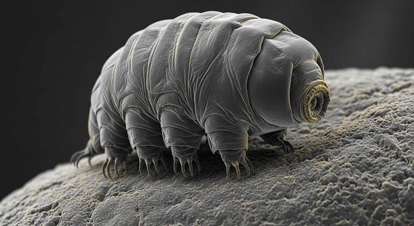 Tardigrade in contracted tun state under microscope