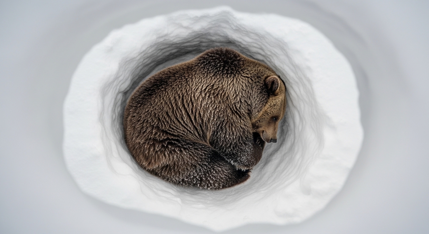 Hibernating bear in snow-covered den overhead view