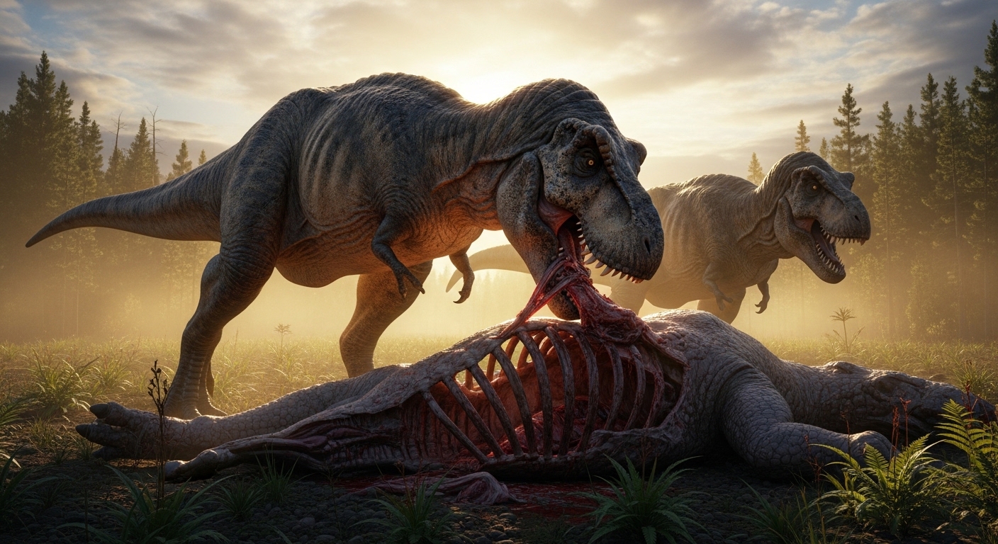 Deux T-Rex se disputant une carcasse dans un paysage préhistorique