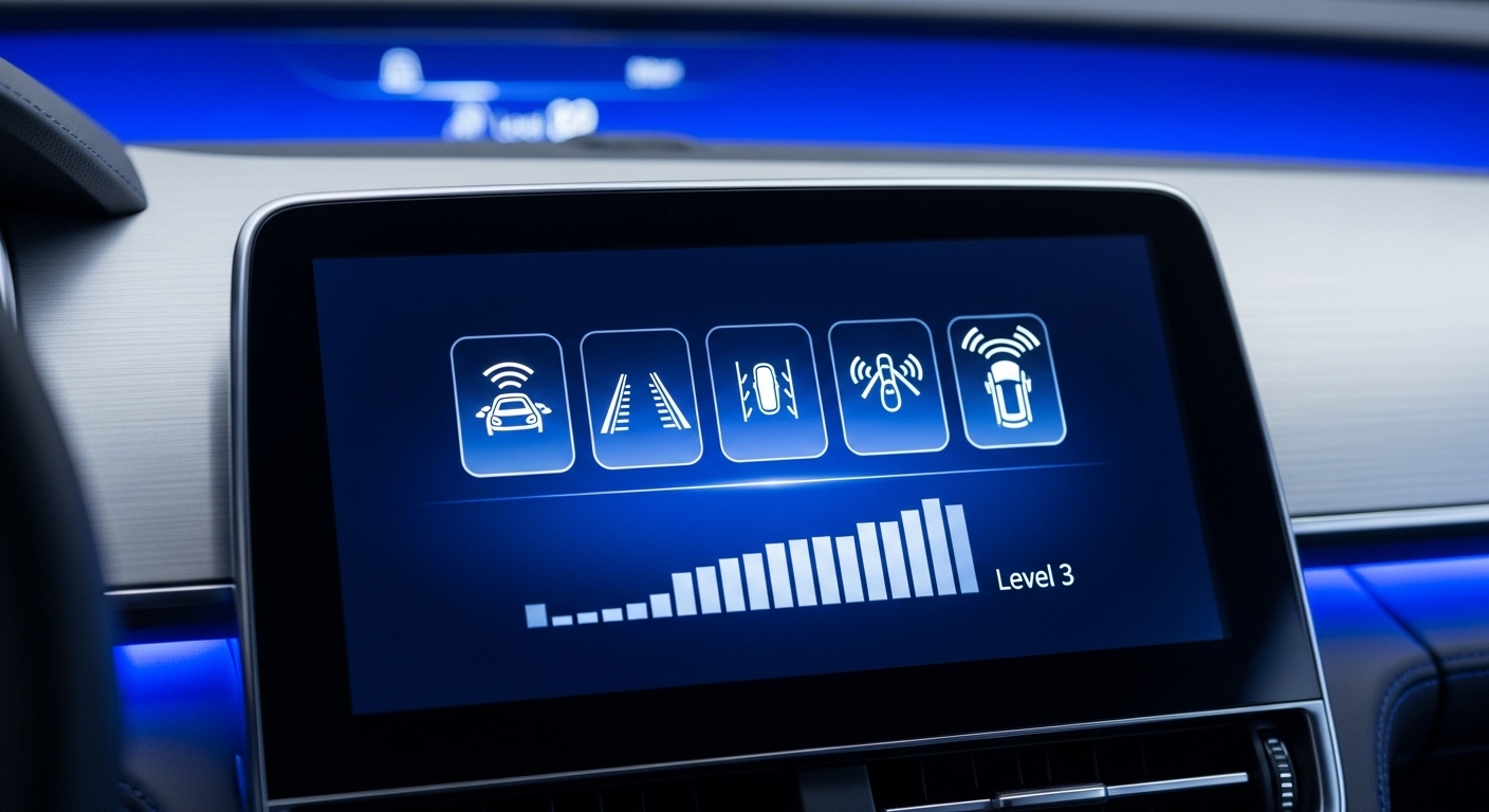 Car dashboard showing autonomous driving level indicators