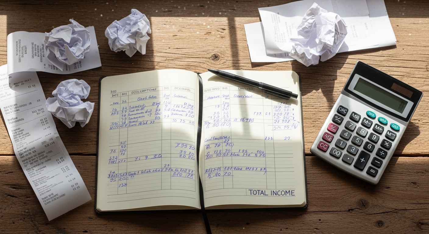Overhead view of freelancer calculating income and expenses