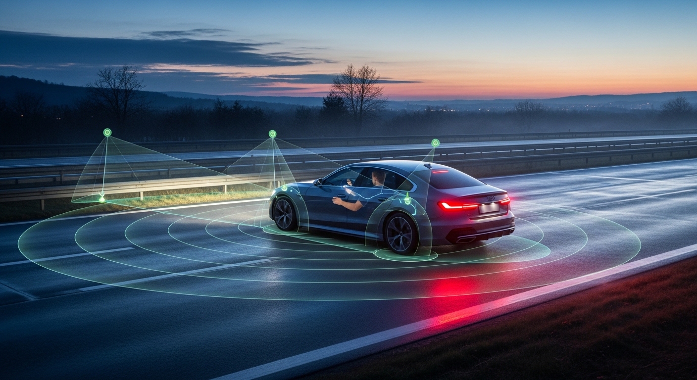 Autonomous car driving on highway with sensor overlays