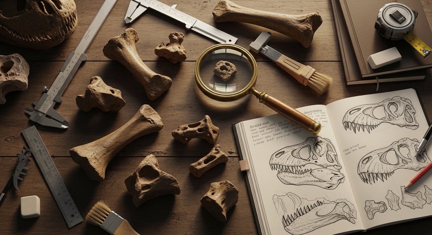 Bureau de paléontologue avec fragments d'os de T-Rex