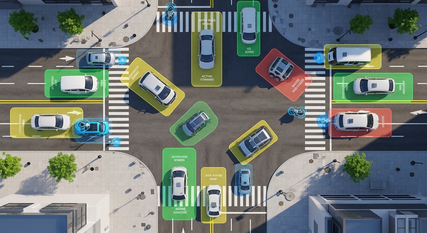 Overhead view of autonomous vehicles at city intersection