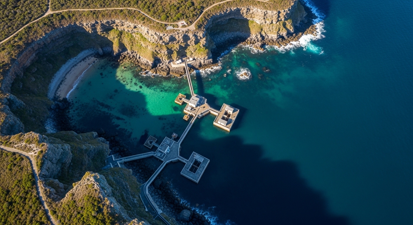 Vue aérienne d'une installation d'énergie houlomotrice côtière