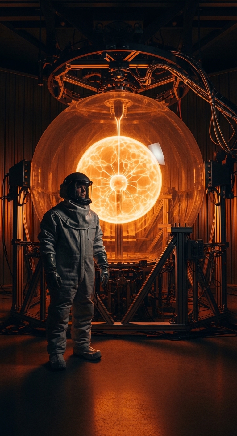 Peneliti berdiri di depan ruang plasma reaktor fusi bercahaya