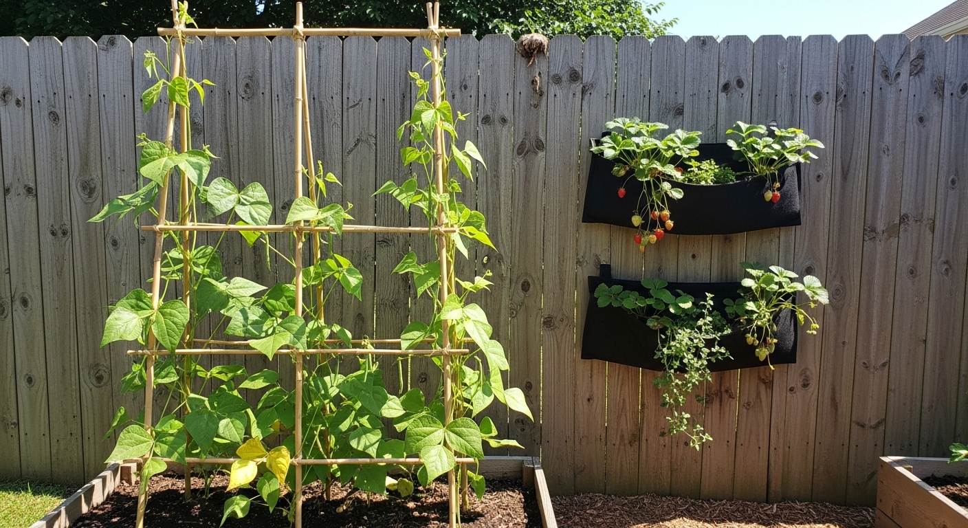 Bamboo trellis with climbing beans in a raised bed beside a fence with wall planters.