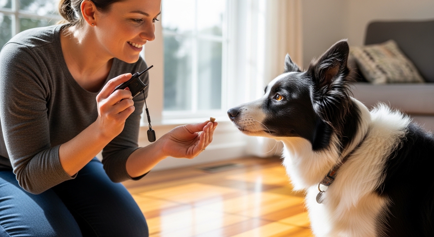 woman training border collie with treats on hardwood floor