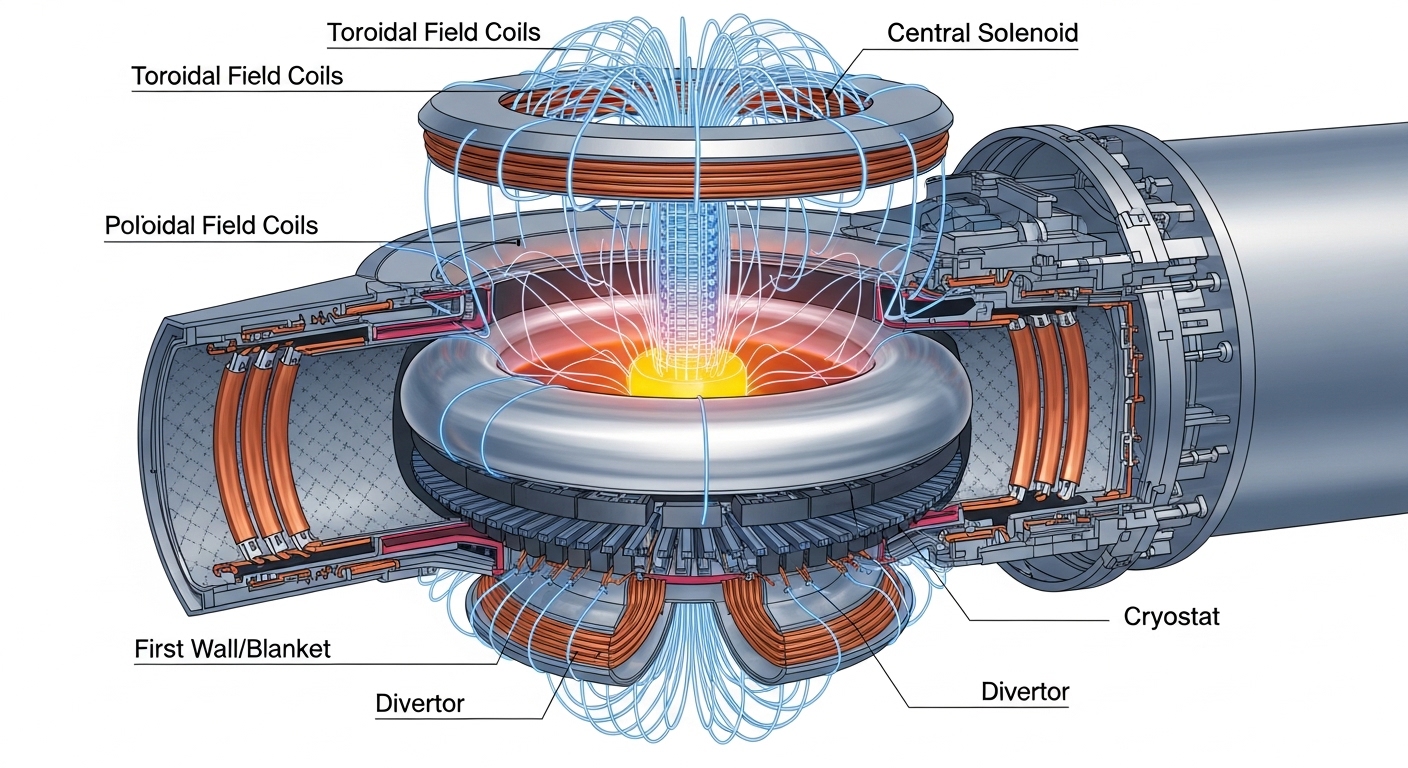 Diagram penampang tokamak menunjukkan medan magnet dan plasma