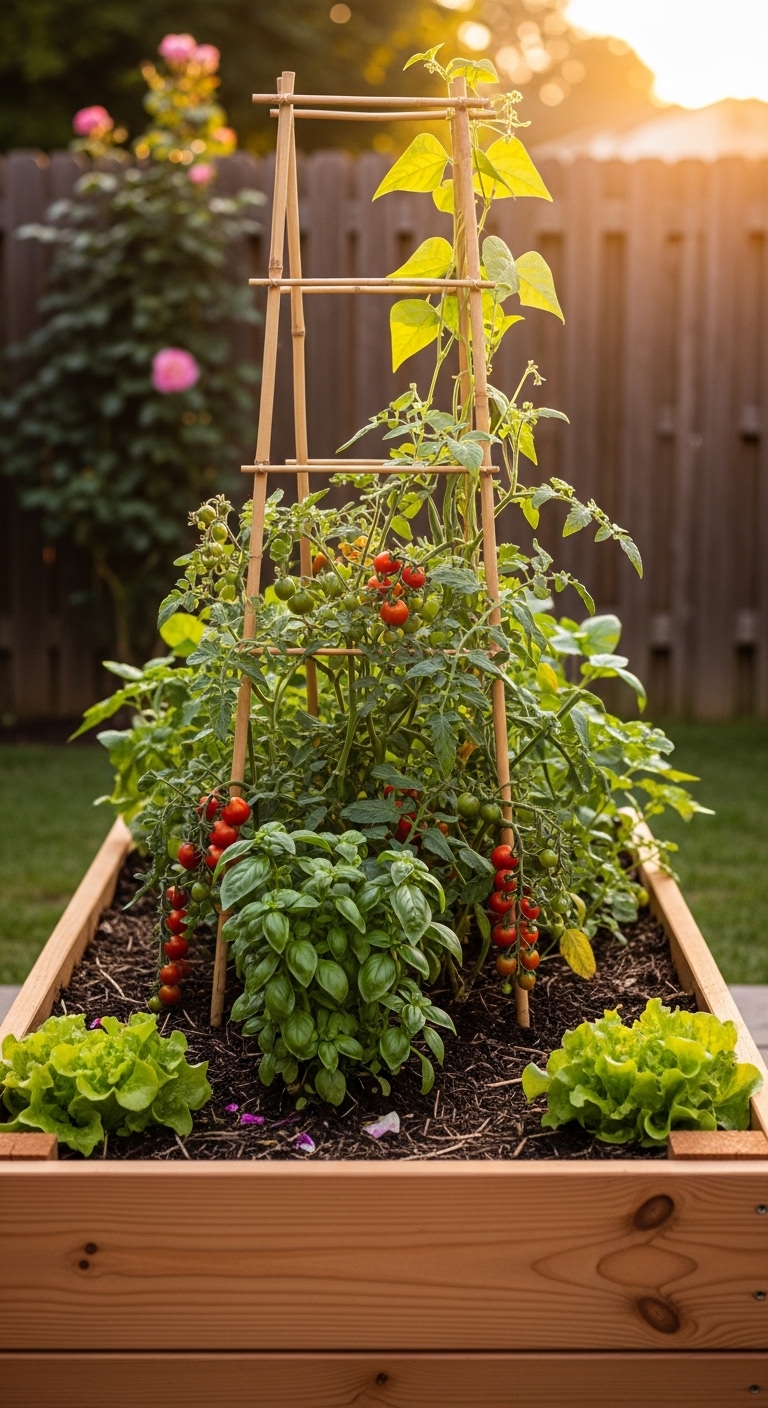 Golden hour raised bed garden with tomatoes, basil, and climbing beans.