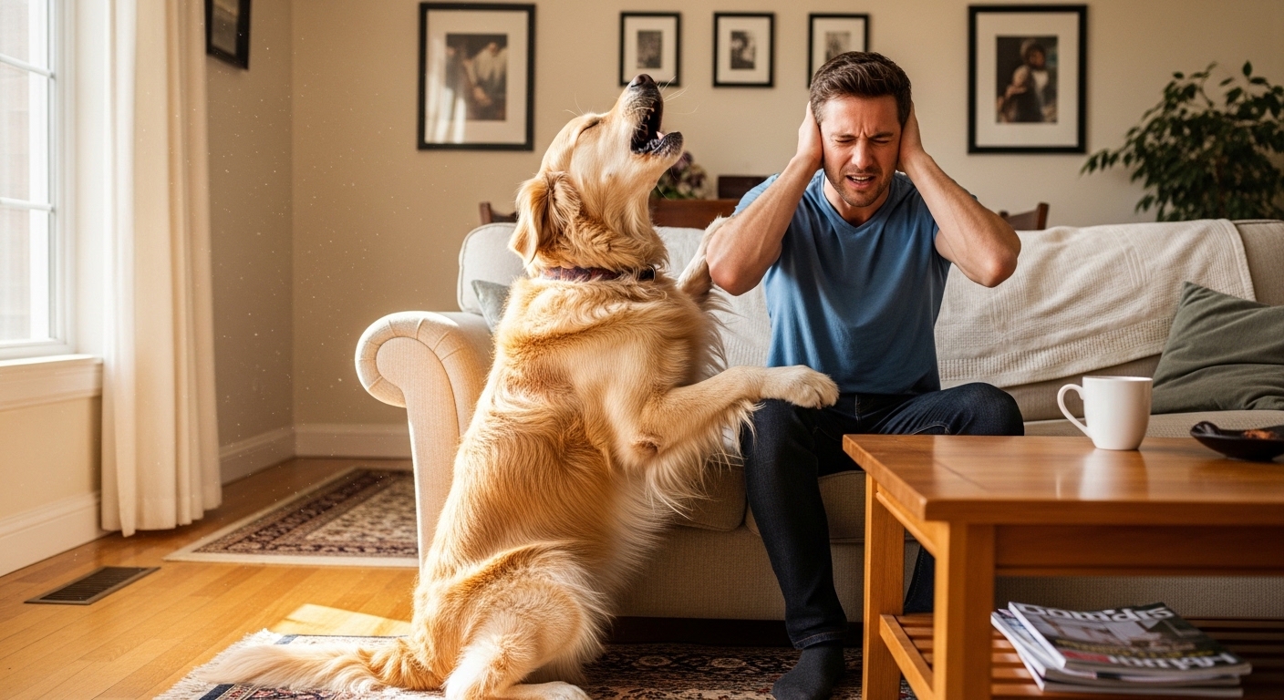 man covering ears while golden retriever howls on couch