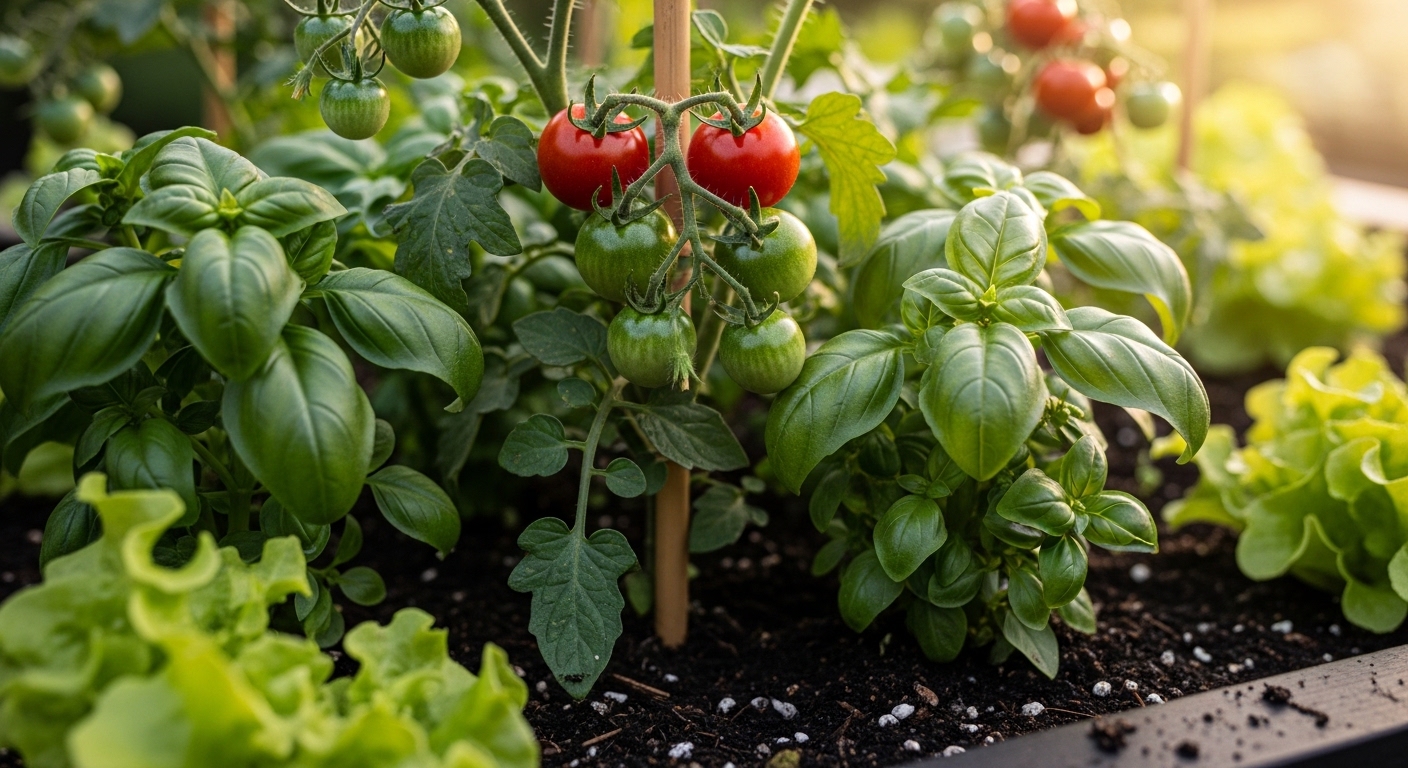 Cherry tomatoes, basil, and lettuce growing together in a raised bed.