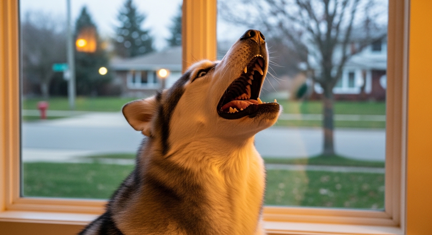 husky dog howling by a living room window at passing siren