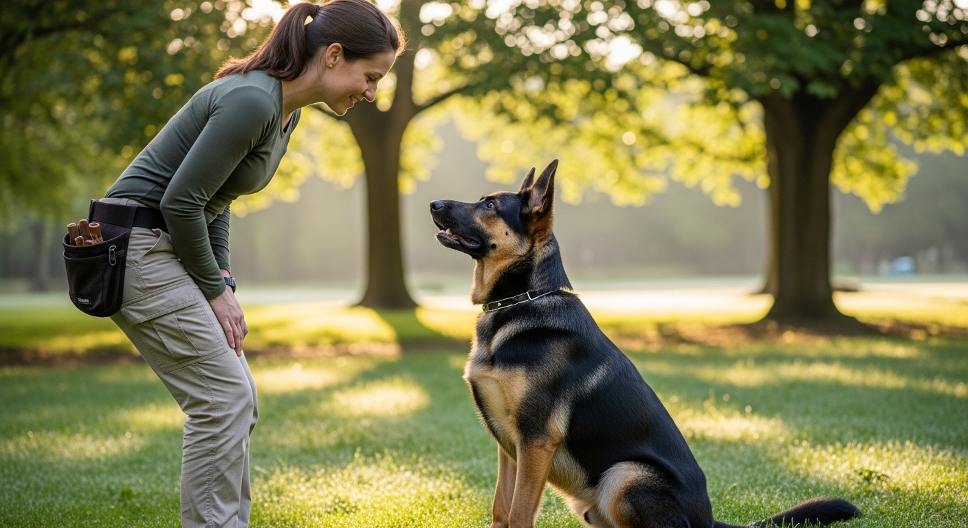dog trainer working with German shepherd in a sunny park