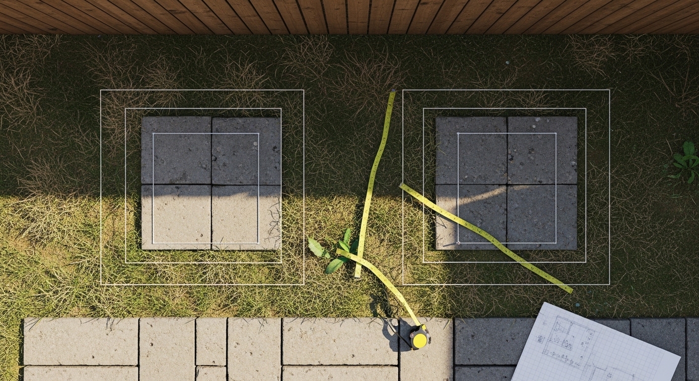 Overhead view of backyard with string lines marking raised bed positions.