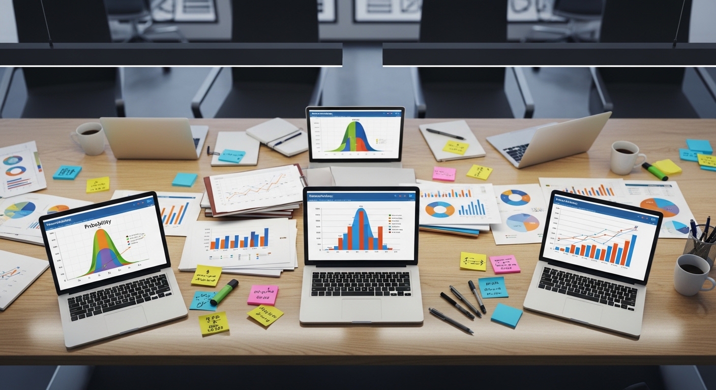 Overhead view of corporate meeting with prediction data