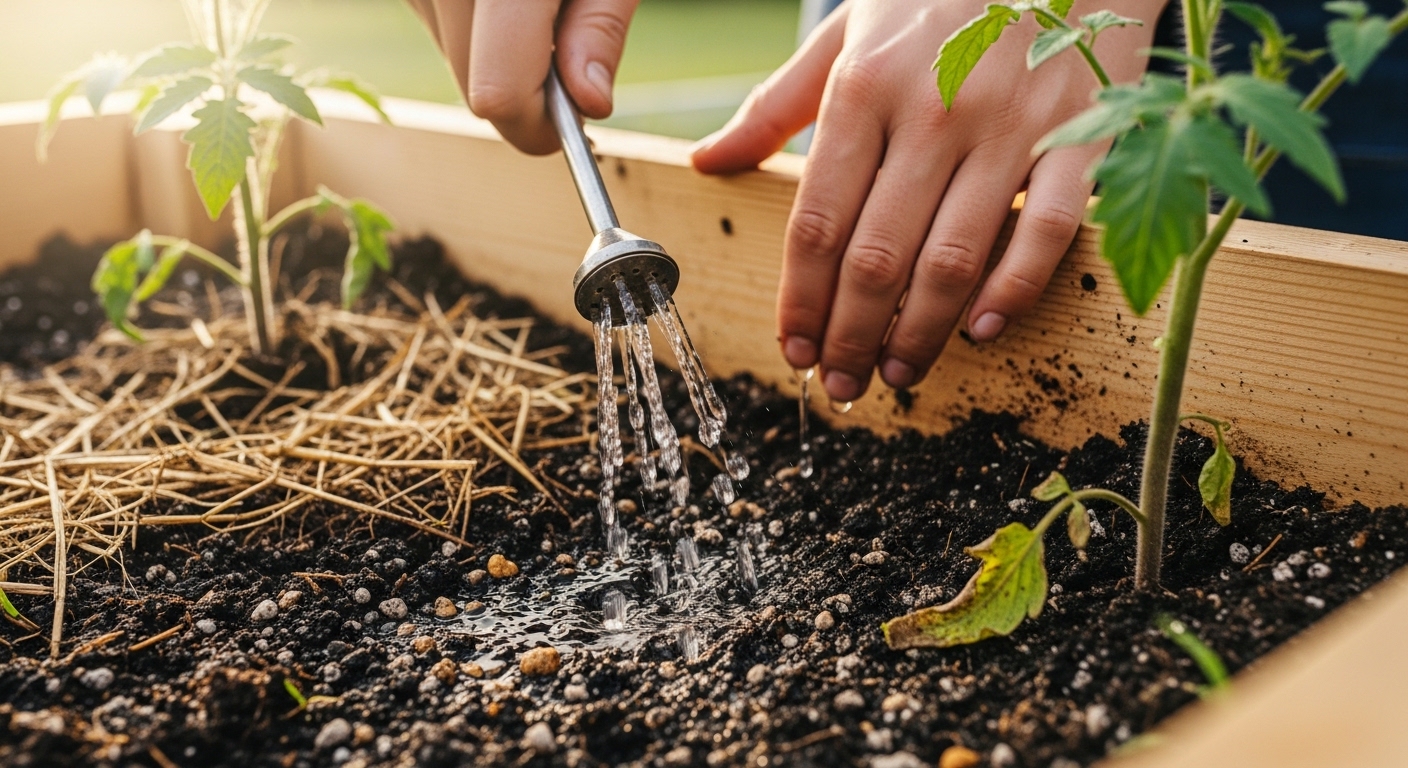 Hands watering tomato plants at soil level in a cedar raised bed.