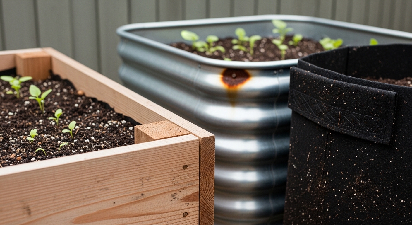 Cedar, galvanized steel, and fabric raised bed types side by side in a garden.