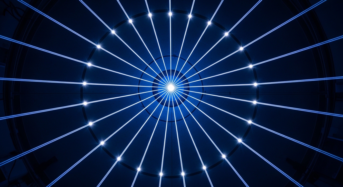 Tampak atas susunan laser memusat pada target fusi