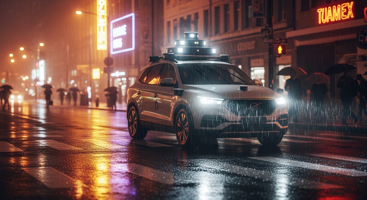 Xe tự lái thử nghiệm trên đường phố mưa ban đêm