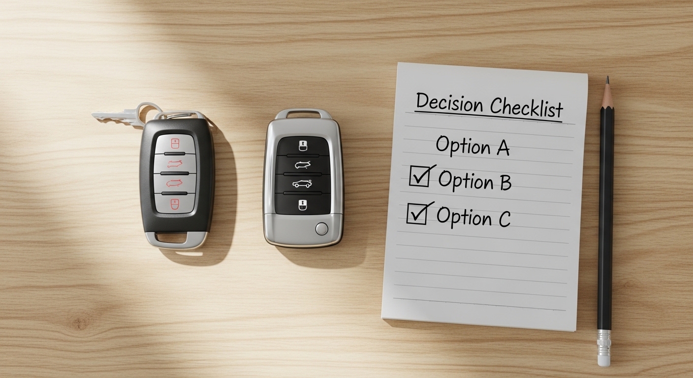 Car keys and decision checklist on wooden desk
