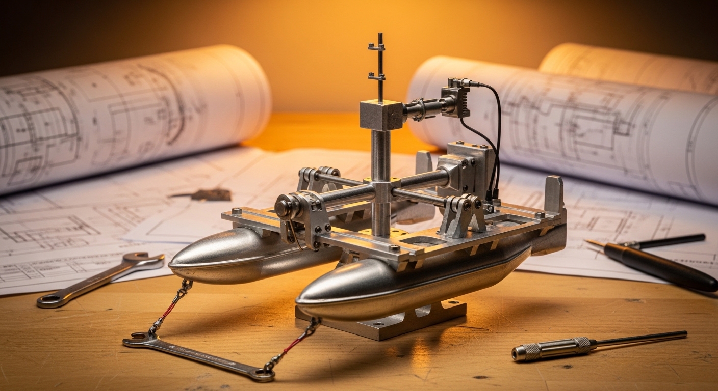 Maquette de convertisseur houlomoteur sur un établi de laboratoire