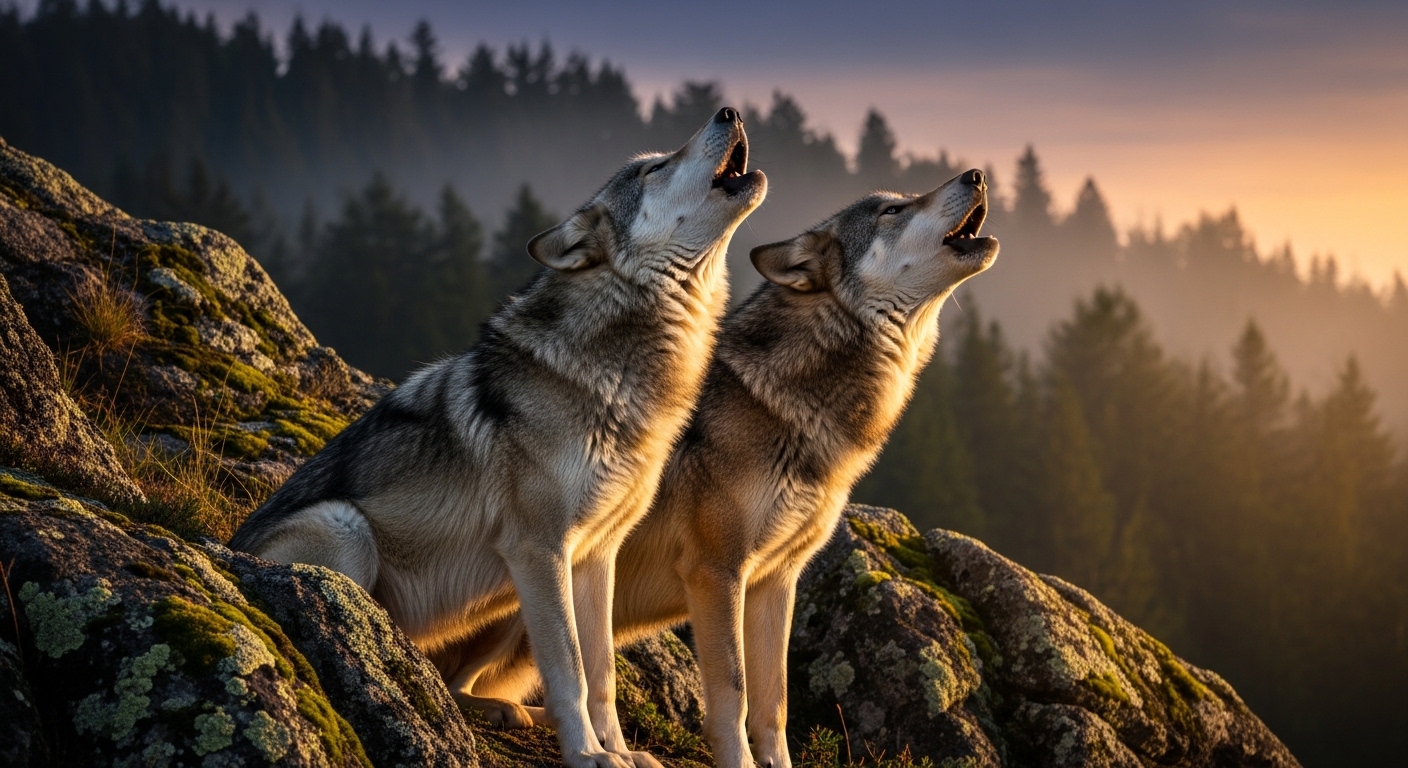 two wolves howling together on a rocky hillside at dusk