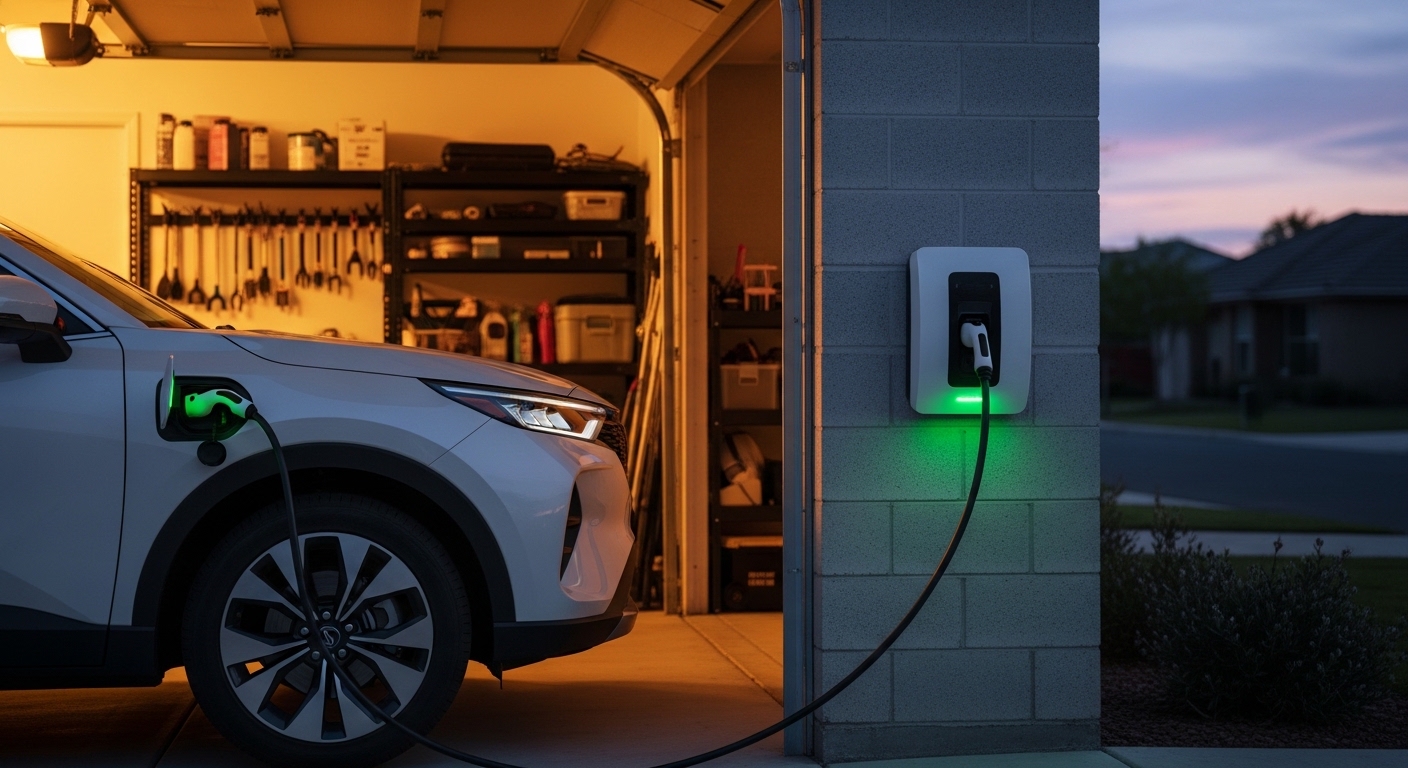Plug-in hybrid charging at home wallbox at dusk
