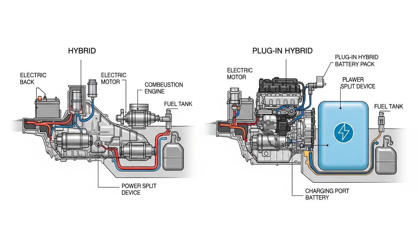 Hybrid vs plug-in hybrid drivetrain comparison diagram