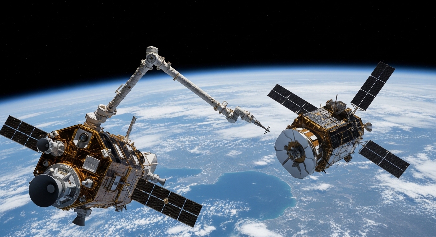 Pesawat luar angkasa dengan lengan robotik menangkap satelit mati