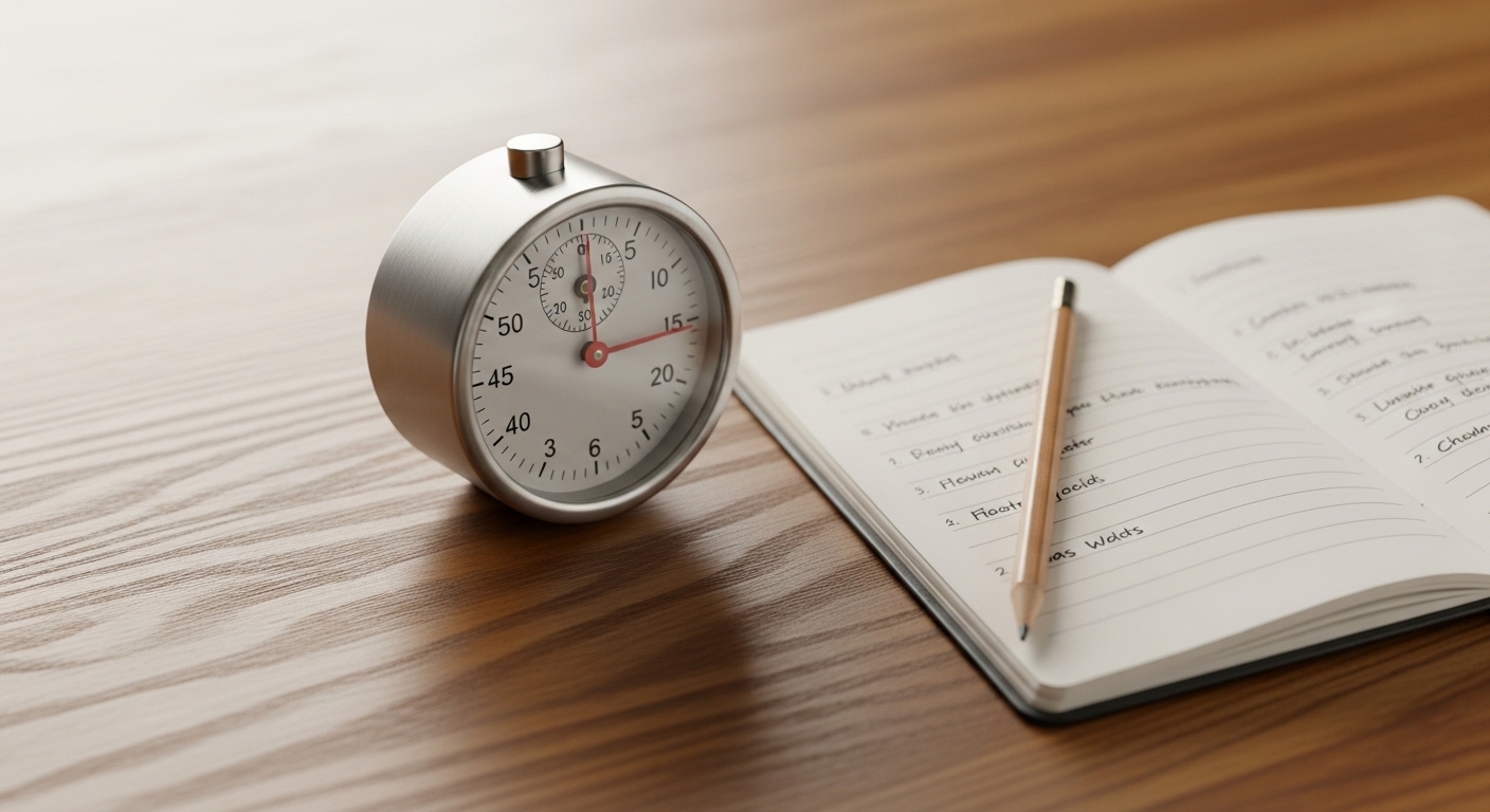 Bureau minimaliste avec minuteur et carnet de notes